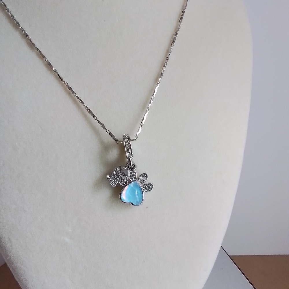 Paw Print Necklace with Blue Heart Charm - Picture 7 of 8